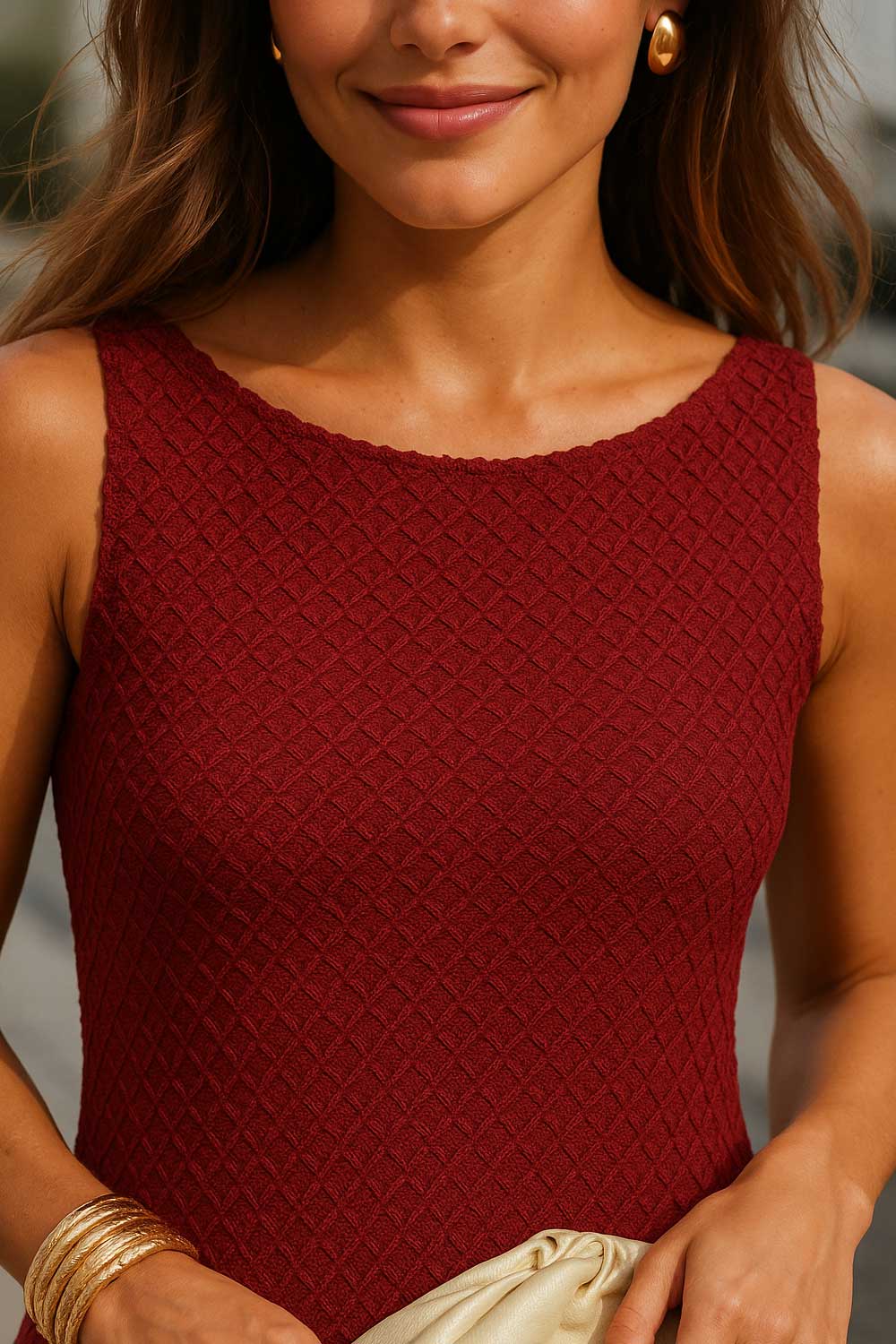 Vestido corto de fit ajustado, sin mangas, cuello barco y escote en espalda con lazo amarrable posterior. Detalle de textura en tejido.