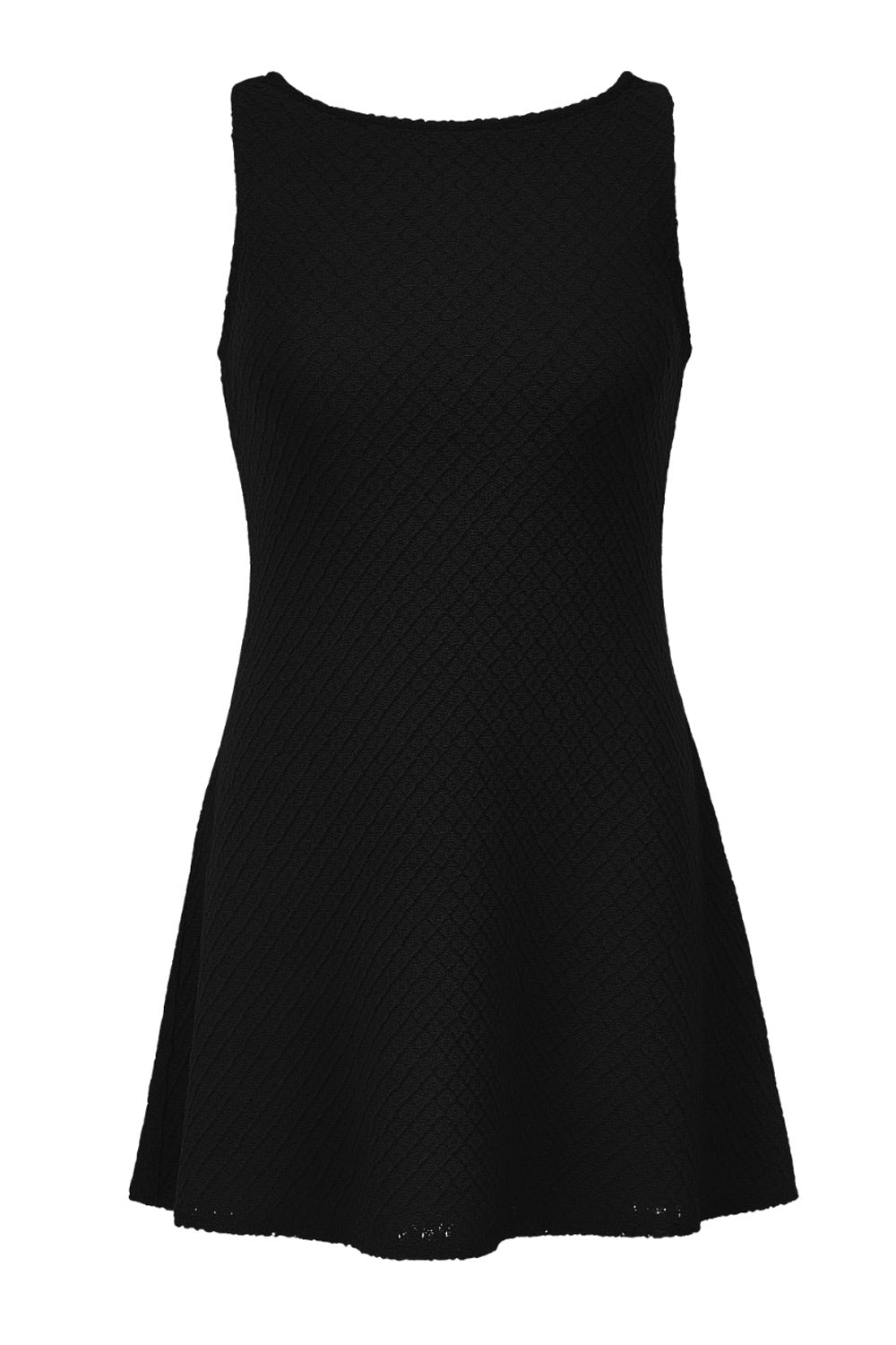 Vestido corto de fit ajustado, sin mangas, cuello barco y escote en espalda con lazo amarrable posterior. Detalle de textura en tejido.