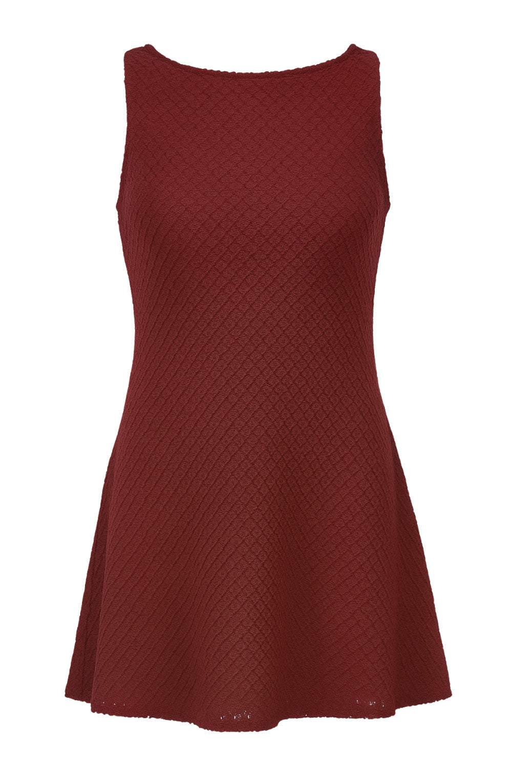 Vestido corto de fit ajustado, sin mangas, cuello barco y escote en espalda con lazo amarrable posterior. Detalle de textura en tejido.