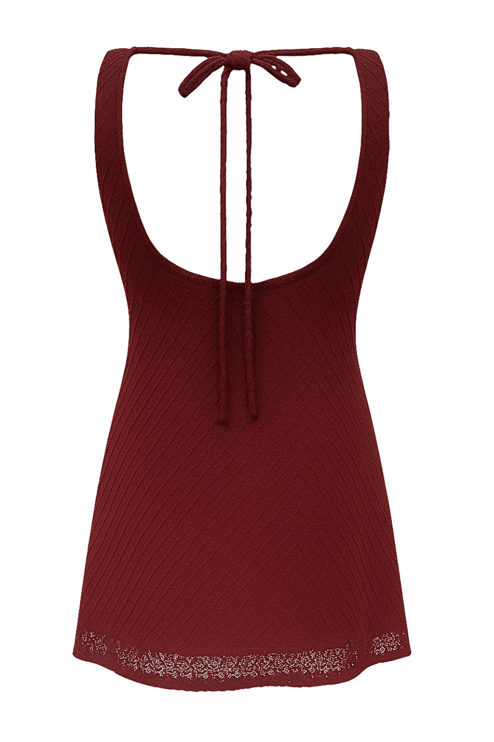 Vestido corto de fit ajustado, sin mangas, cuello barco y escote en espalda con lazo amarrable posterior. Detalle de textura en tejido.