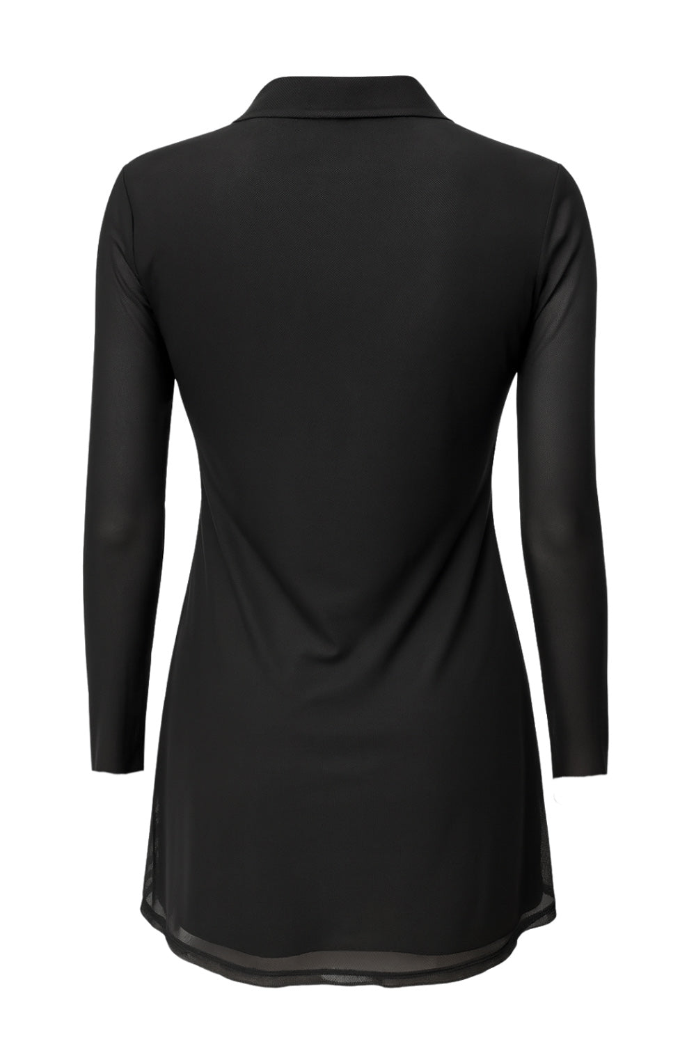 Vestido camisero de mesh, manga larga con transparencia, cuello camisero, fit recto y cierre frontal con hilera de botones.