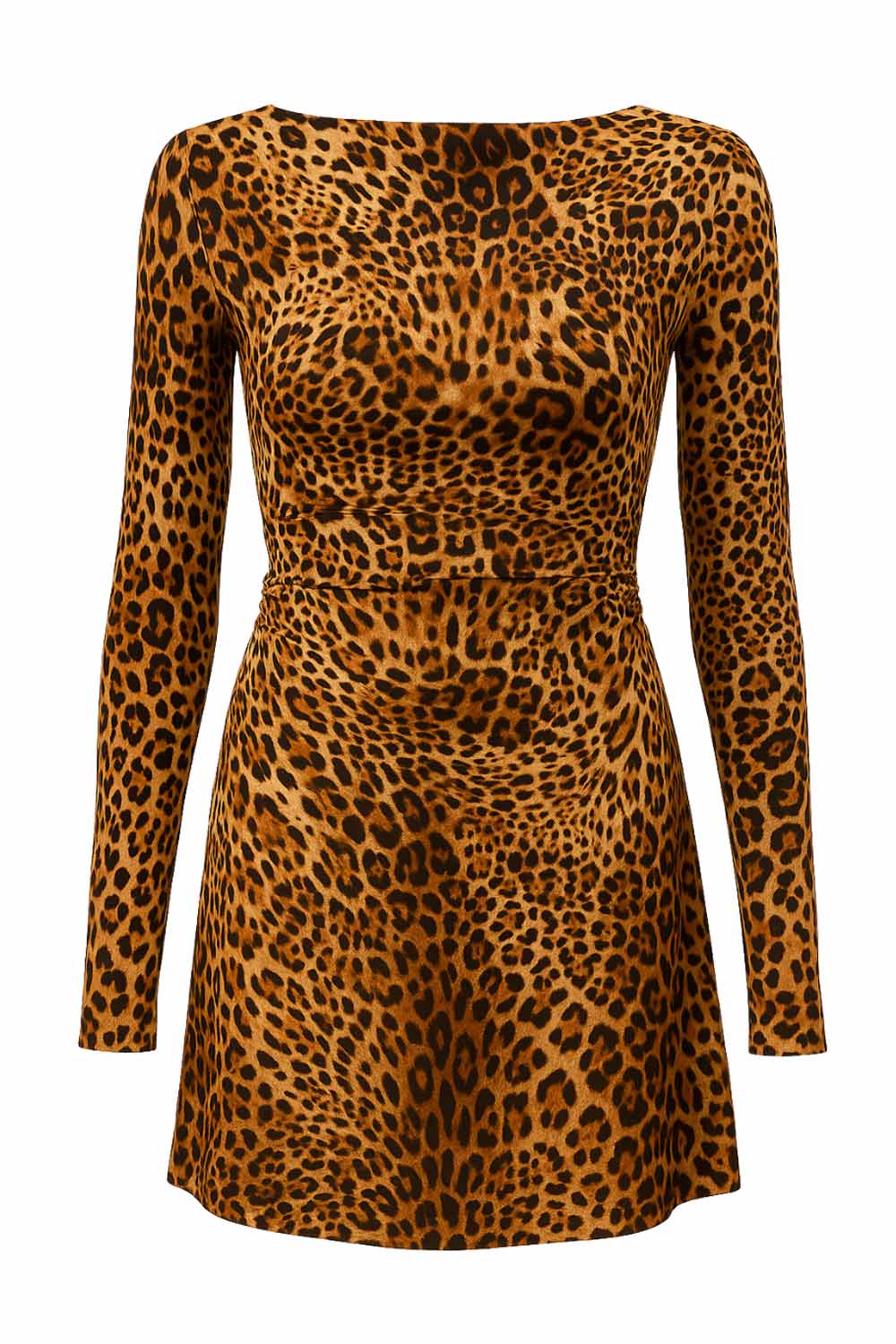Vestido corto de estampado animal, fit ajustado, manga larga, corte en a, cuello barco y plisados en laterales en cintura.