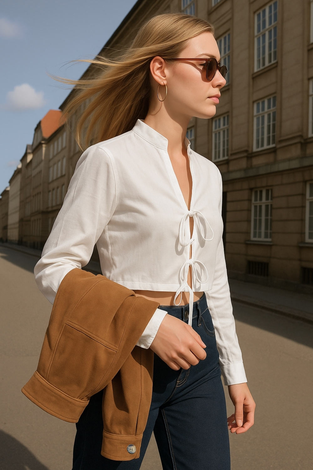 Camisa corta de fit recto, manga larga con puño y lazado decorativo, cuello mao y cierre frontal con lazado amarrable.