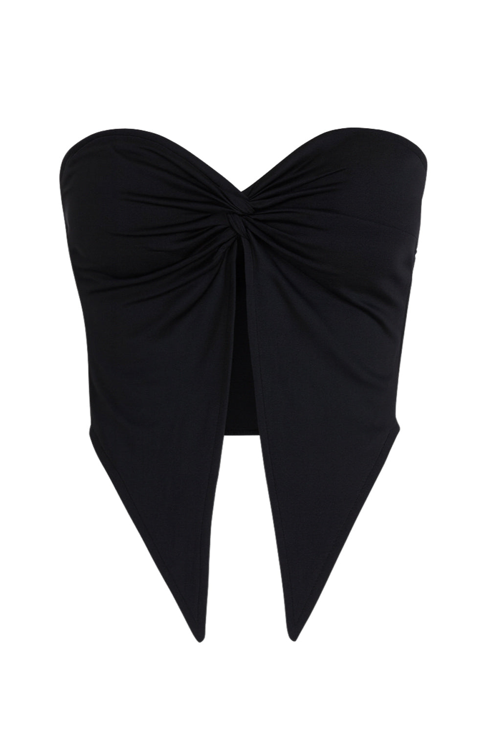 Top strapless satinado de escote corazón con nudo, plisados decorativos en costados y abertura frontal con bajo asimétrico. Rib rizado en borde de bajo.