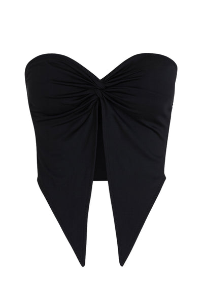 Top strapless satinado de escote corazón con nudo, plisados decorativos en costados y abertura frontal con bajo asimétrico. Rib rizado en borde de bajo.